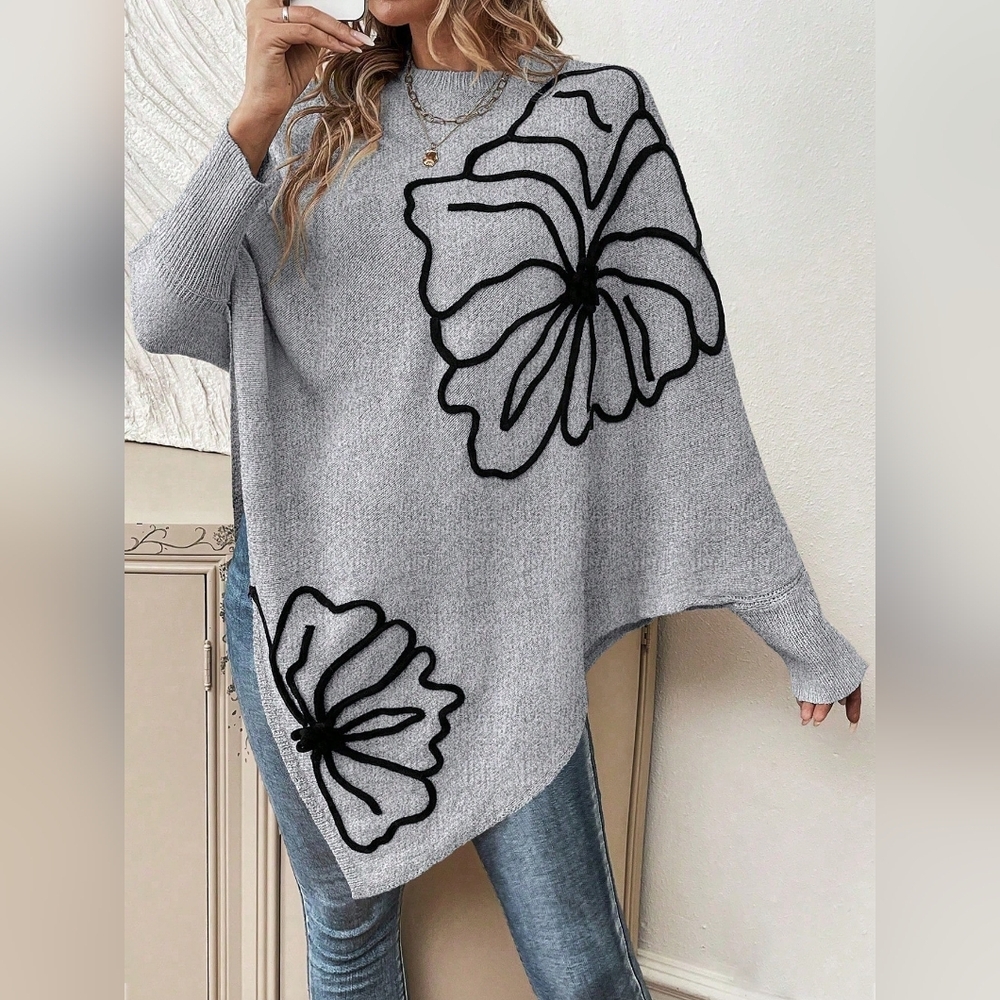 Floral Pattern Batwing Sleeve Asymmetrical Hem Sweater - Picture 2 of 6